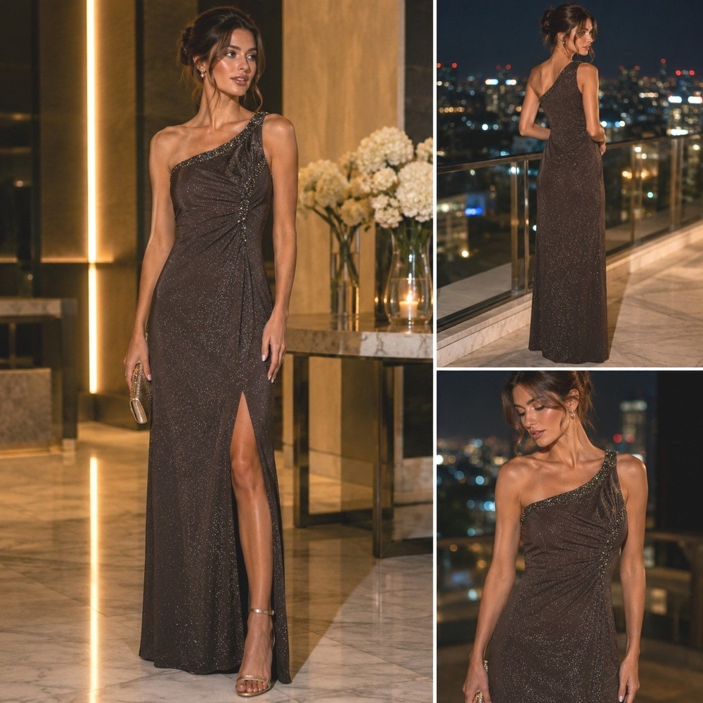 Brown One Shoulder Glitter Gown Beaded Ruching Formal Dress Slit Vintage Y2K 10